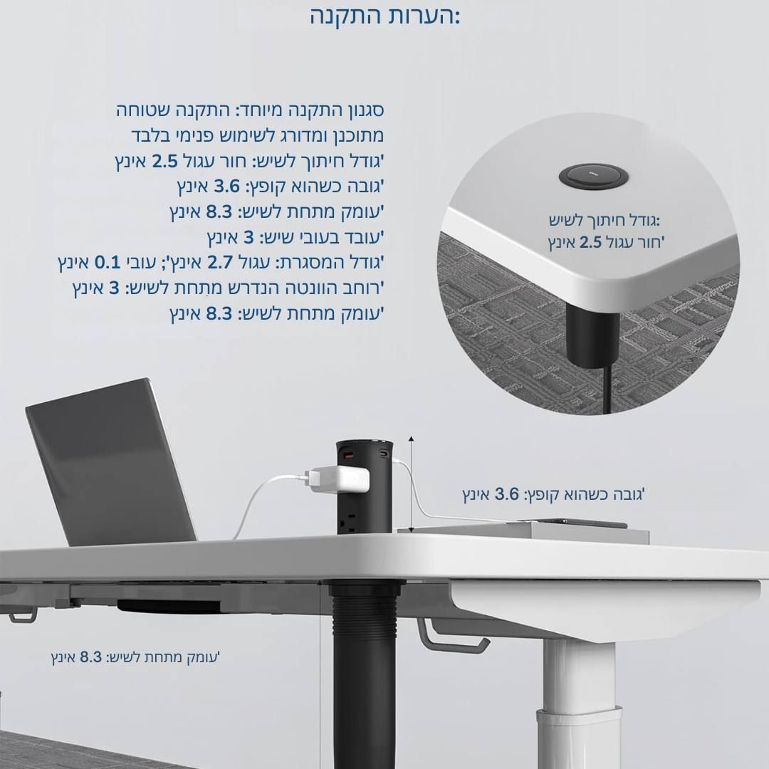 ™Noran | שקע פופ-אפ – 4 שקעים, 4 יציאות USB, טעינה מהירה, הגנה בפני חבלה