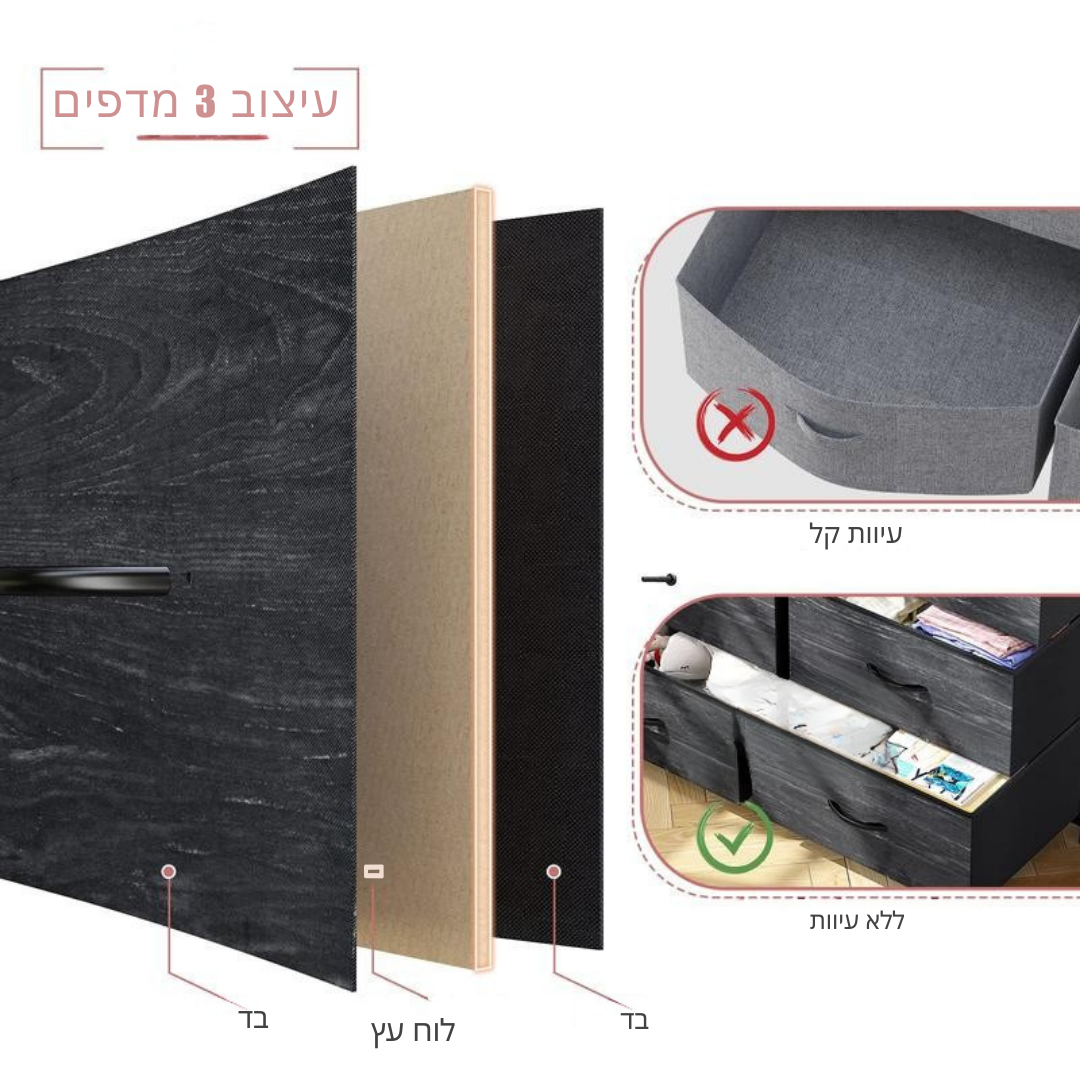 ™Dresora | דראסור ארון מגירות גבוה – דפני עץ ומסגרת מתכת