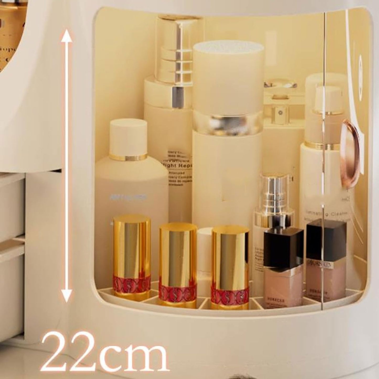 ™Glamora | מארגן איפור מסתובב עם מראה ו-2 מגירות – קופסת קוסמטיקה וטיפוח