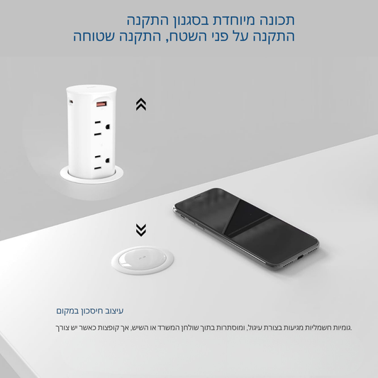 ™Noran | שקע פופ-אפ – 4 שקעים, 4 יציאות USB, טעינה מהירה, הגנה בפני חבלה