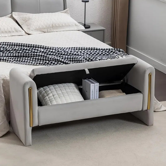 ™Cushiva | ספסל אחסון מרופד עם משענת יד – אוטומן בד דוגמת חנדסו לתא חדר ושינה