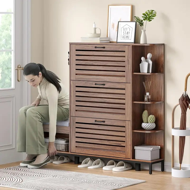 ™Soleva | ארון נעליים וספסל חוסך מקום – אחסון לכניסה עם מדפים מתכווננים וווים