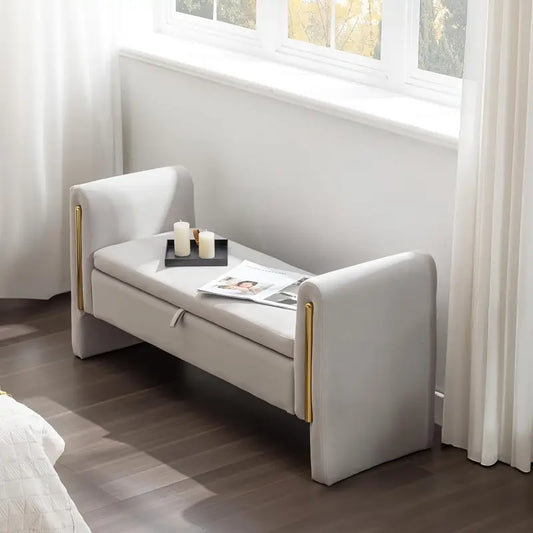 ™Cushiva | ספסל אחסון מרופד עם משענת יד – אוטומן בד דוגמת חנדסו לתא חדר ושינה