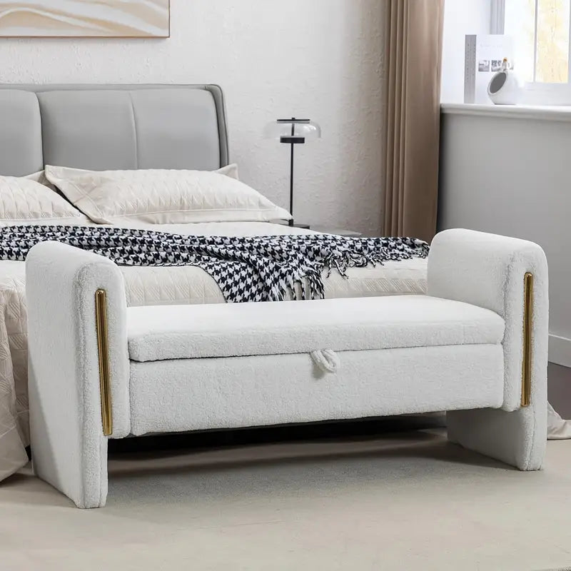 ™Cushiva | ספסל אחסון מרופד עם משענת יד – אוטומן בד דוגמת חנדסו לתא חדר ושינה