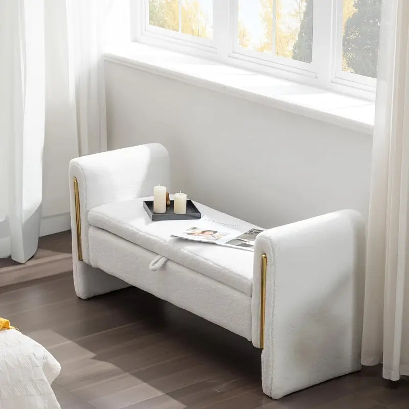 ™Cushiva | ספסל אחסון מרופד עם משענת יד – אוטומן בד דוגמת חנדסו לתא חדר ושינה